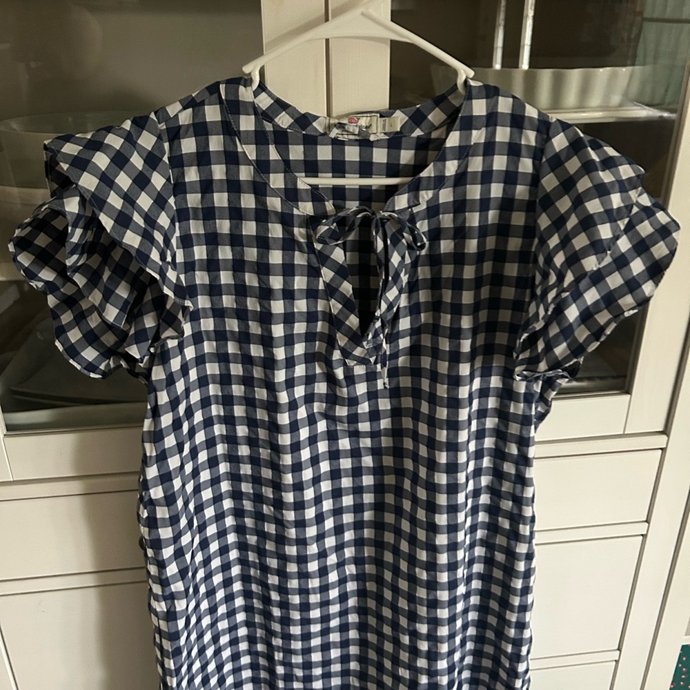 Vineyard Vines Navy and White Checkered Ruffle Sleeves Mini Dress Size L